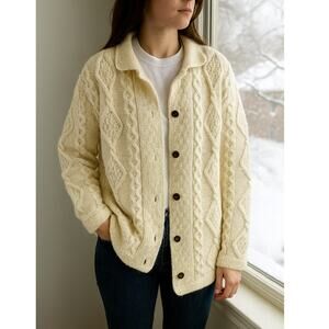 Arancrafts Fisherman's Cardigan Womens Small Cream Cable Knit 100% Wool Sweater